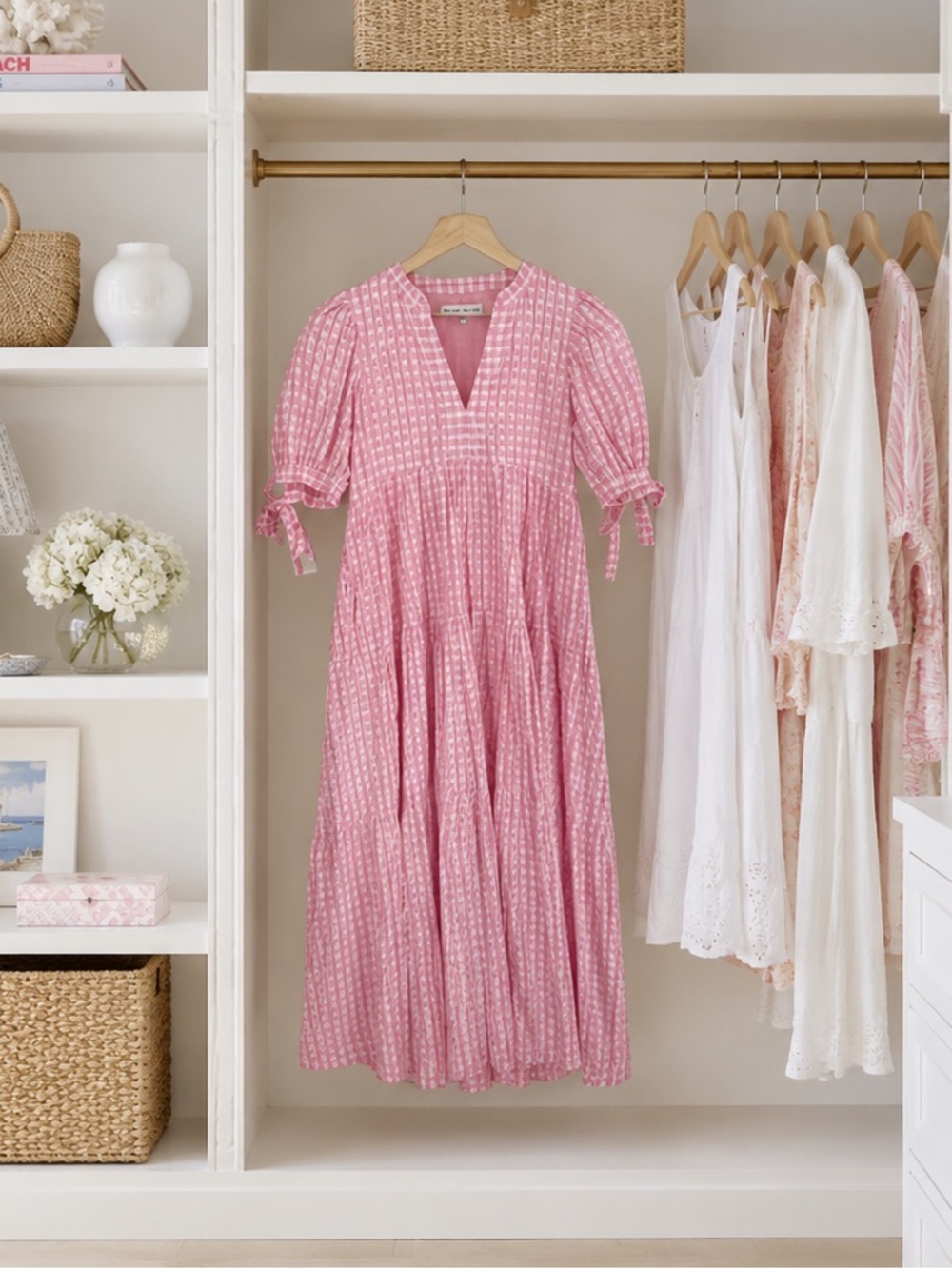 English Factory Pink Checked Tie-Sleeve Tiered Dress